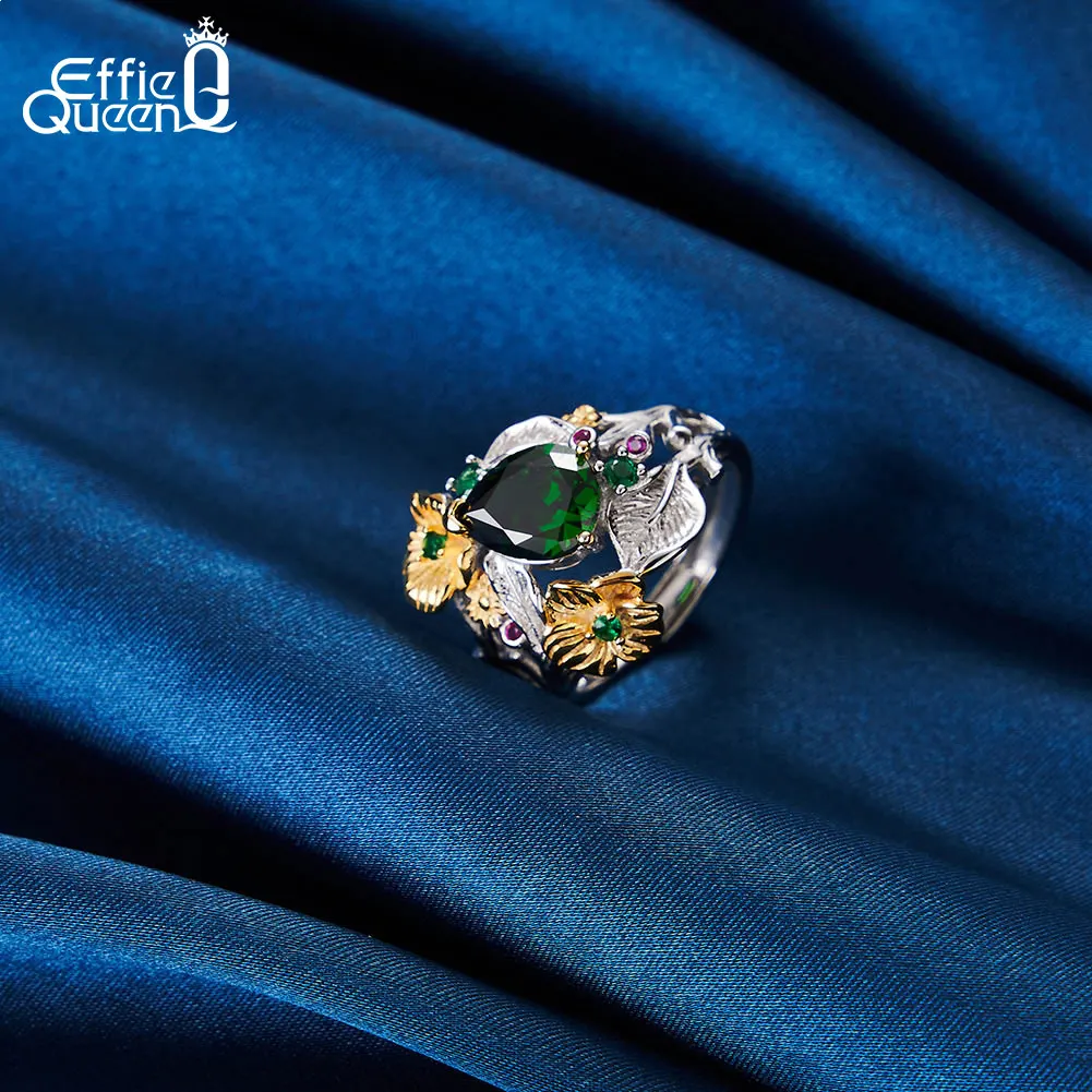 Effie Queen 925 Sterling Silver Open Rings Multi Color Created Emerald With 5A CZ Sunflower Design Finger Accessory Gift LZR21