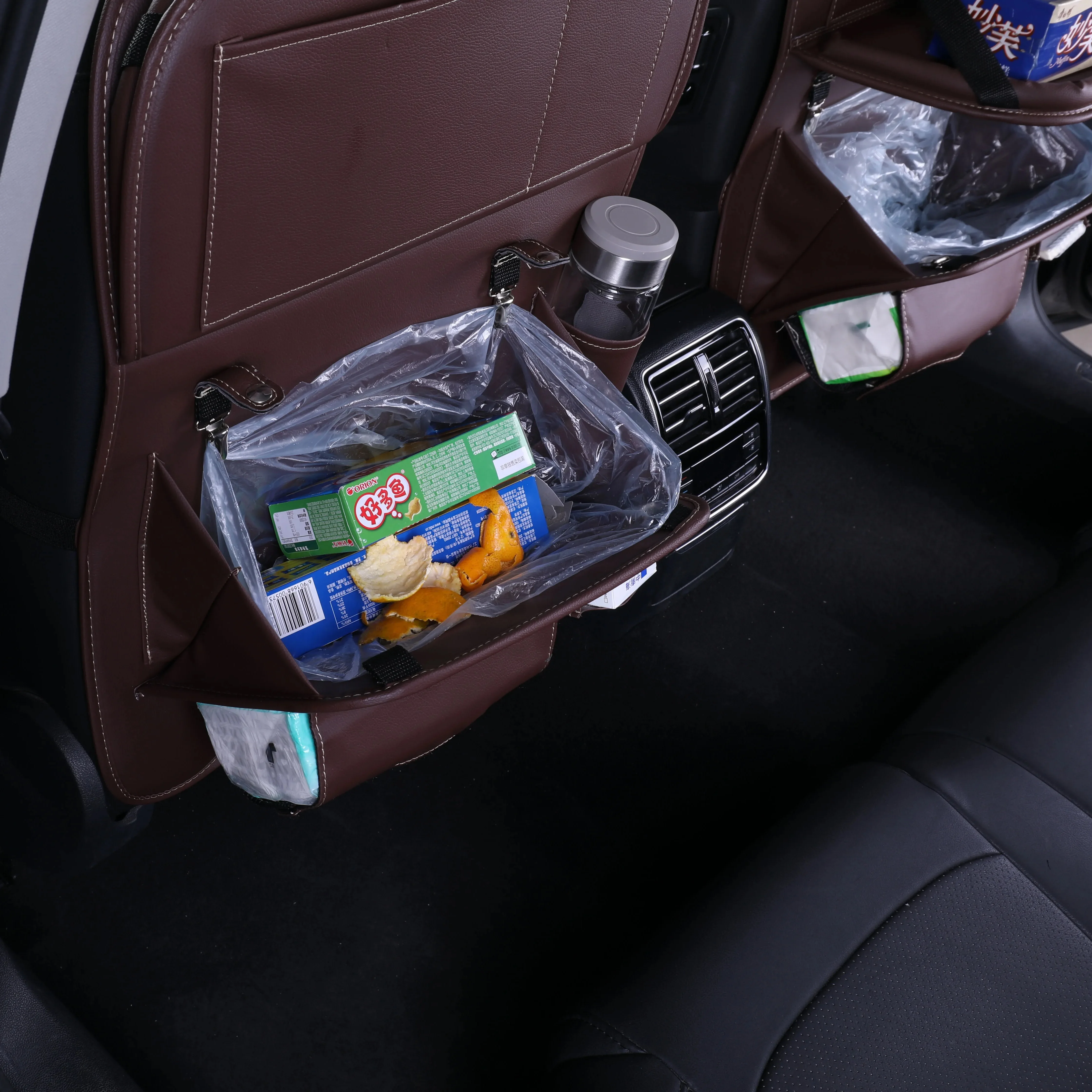 منظم خلفي لمقعد السيارة متعدد الوظائف مع سلة المهملات وجيوب التخزين وحماية الركل