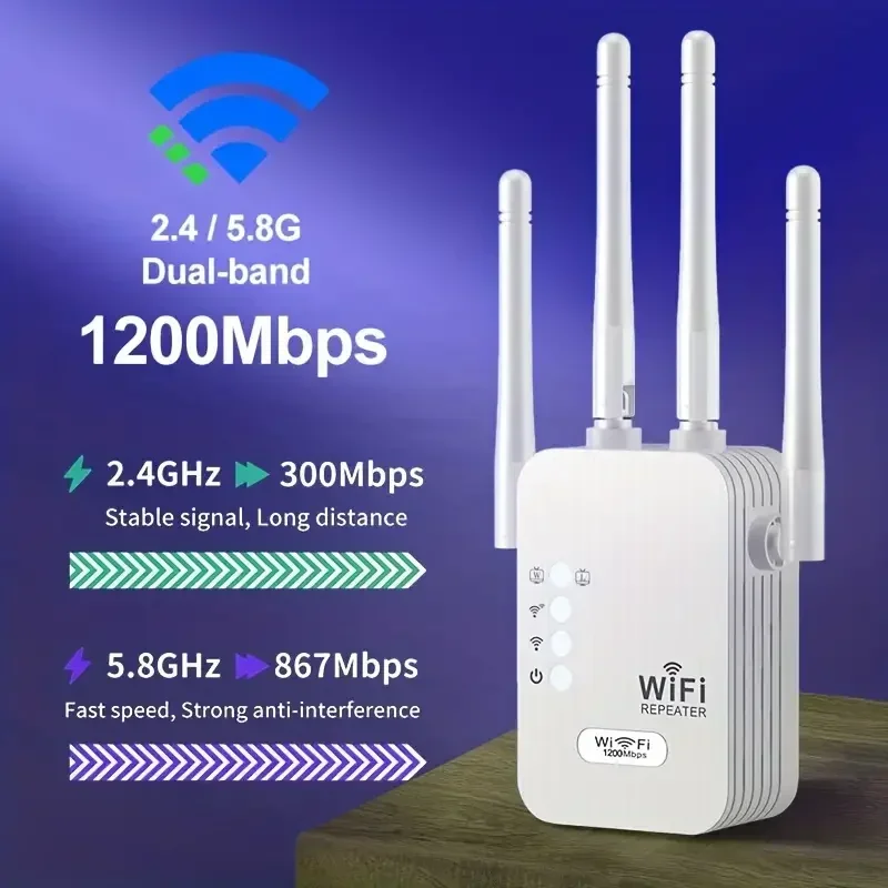 

5Ghz dual-band WiFi repeater, 1200Mbps router, 2.4G/5GHz Wi-Fi signal booster, long-distance network WiFi extender amplifier