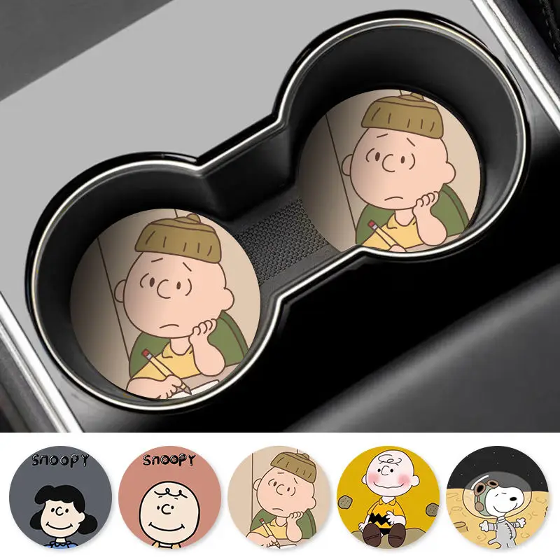 2pcs Car Snoopy Charlie Anti Slip Cup Mat Pad Coaster Cartoon Cups Holders Auto Water Bottle Slot Decorate Interior Accessories