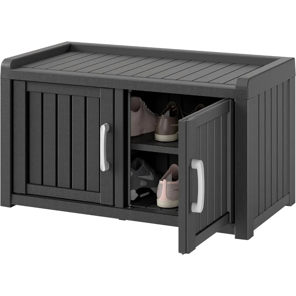 

Outdoor Shoe Storage Cabinet, Waterproof UV-Resistant Entryway Storage Bench Indoor Outdoor with 2 Barn Doors, Adjustable Shelv