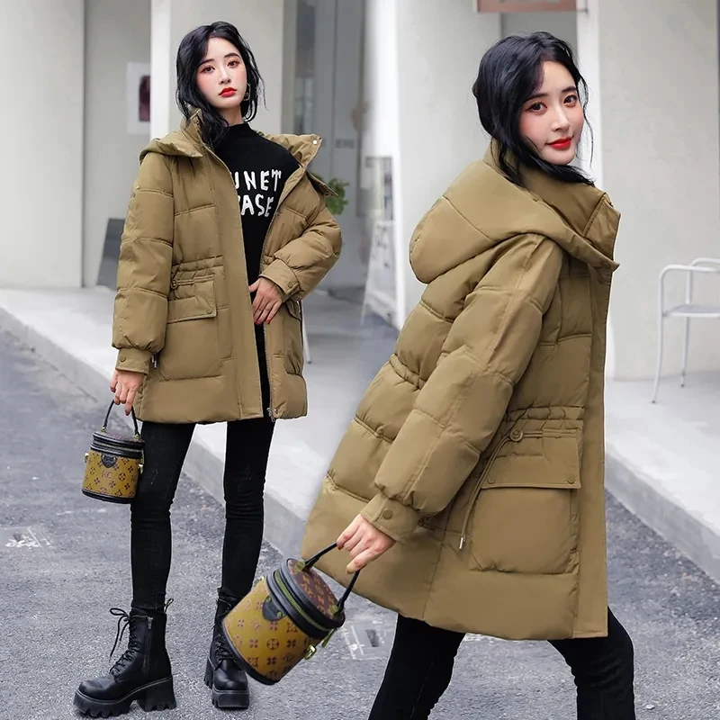 Women's Down Cotton Jacket Korean Slim Mid-length Lace-up Removable Hooded Overcoat 2023 Winter New Thicken Warm Parker Coat