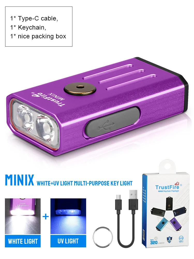 Trustfire Minix Mini EDC-Taschenlampe, Schlüsselanhänger, 320 lm, 365 nm, UV-Lampe, rotes Licht, Typ C, USB wiederaufladbar, bunt, Geschenk, 2 Modi, LED-Taschenlampe 9