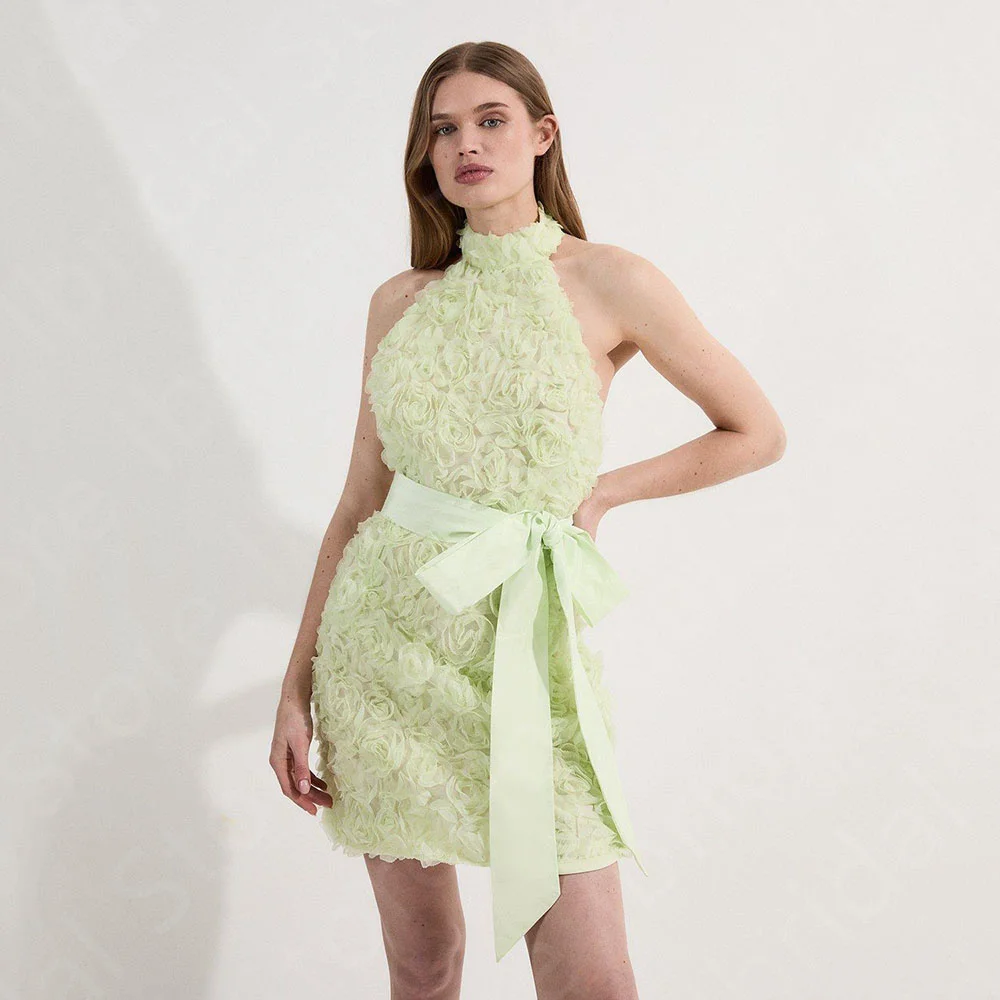 

Customized Lovely Lime Homecoming Dresses Short Cocktail Party Dresses Halter Neck Open Back Wedding Guest Gowns Mini Length
