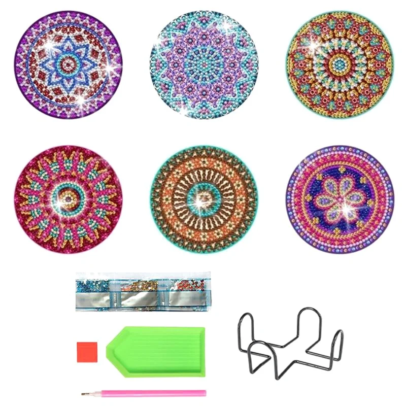 

6 Pieces Coasters with Holder, DIY Diamond Art Coasters for Beginners, Kids and Adults Art Craft Supplies Gift