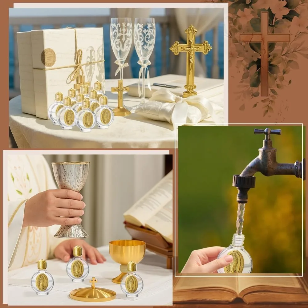 12/2 Stück Weihwasserflaschen, 0,5 Floz, geprägte tragbare leere Glas-Reiseflaschen mit Deckel, kleine Flasche, Kirchendekorationen – Detail 5