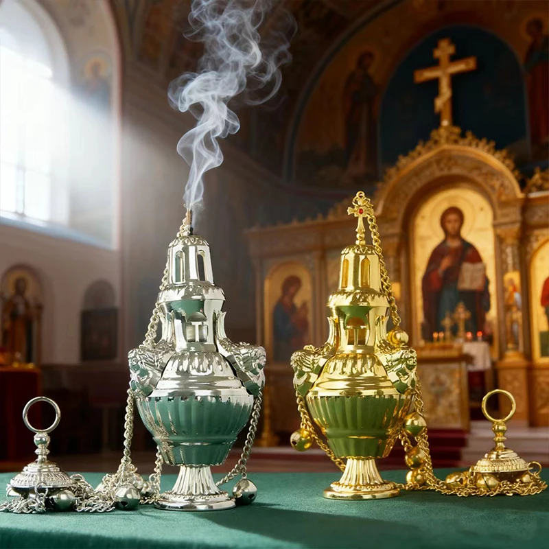 Neues 2026 Orthodoxes Kirchen-Weihrauchfass, griechisches hängendes Weihrauchfass, vergoldet und versilbert, religiöses Weihrauchfass mit Glocken, orthodoxes Weihrauchfass als Geschenk – Detail 7