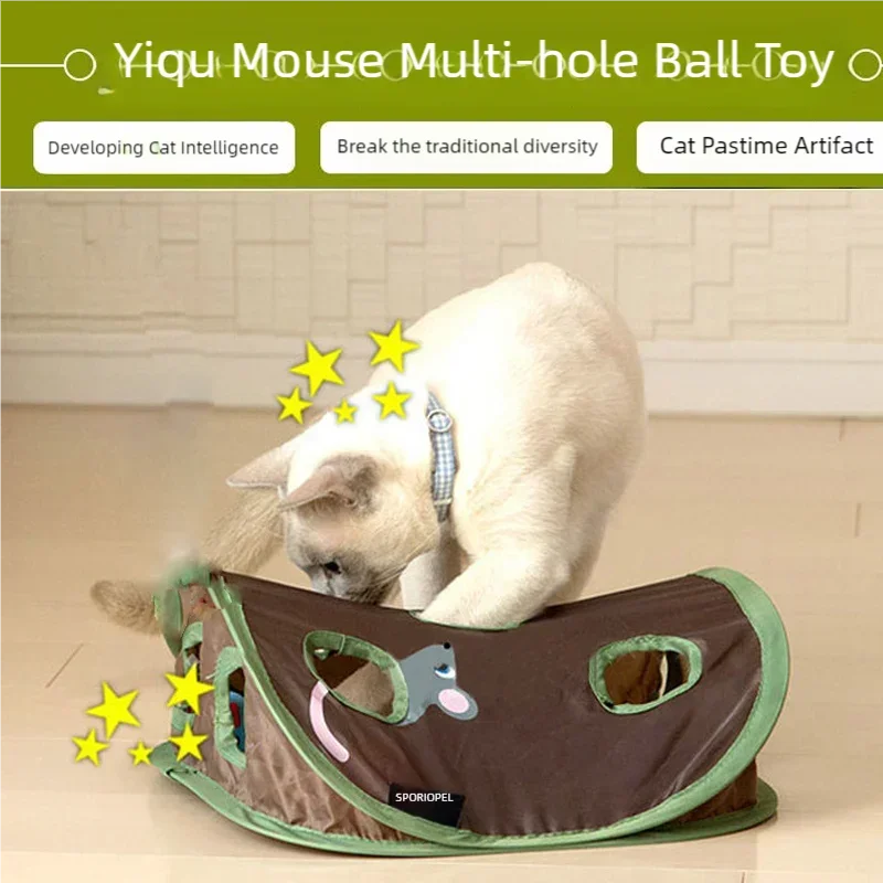 Juguete interactivo para gatos, túnel para gatos con agujero para ratón de nueve agujeros con sonido, bola de campana, rompecabezas, juguetes para gatos de interior, ejercicio, diversión de caza