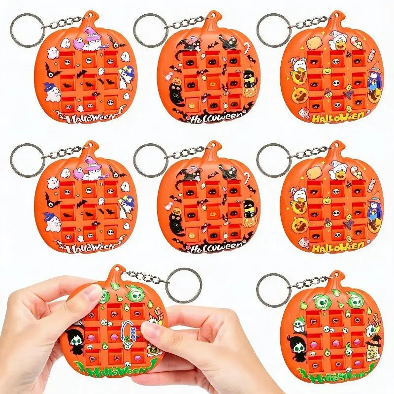 Halloween Pumpkin Shaped Sliding Puzzle Keychain Fun Cartoon Print Creative Stress Reliever for Backpack Pendant Halloween Gifts