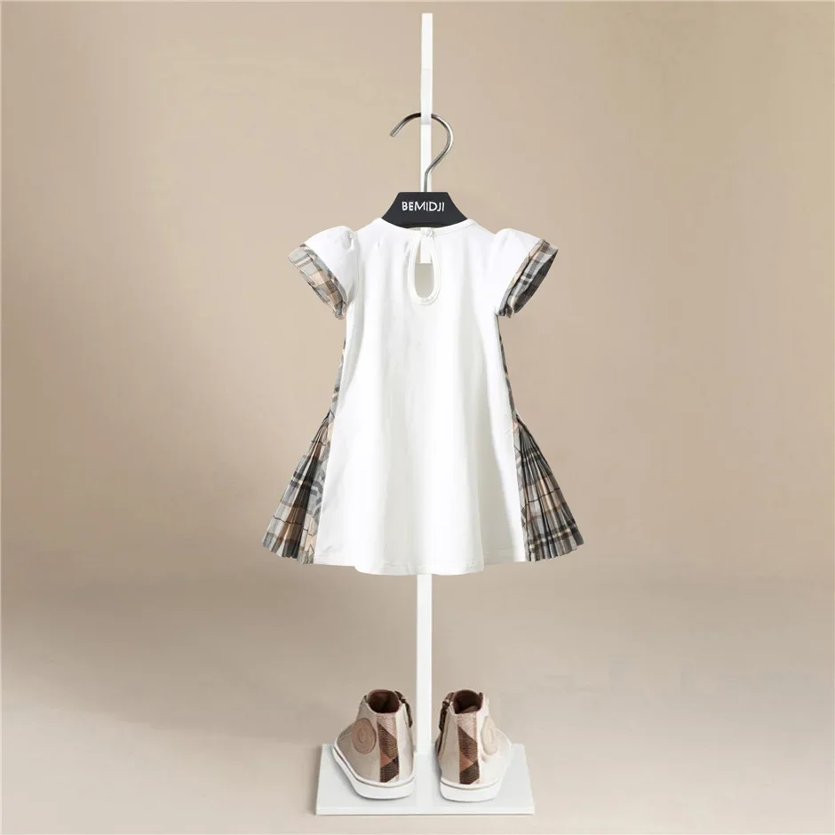 Summer 2-7 Years Child Preppy Style White Cotton Color Sleeves Patchwork Plaid Pleated Dress for Kids Baby Girls Kids Clothes