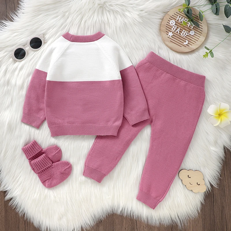 Baby Clothes Sets Knit Newborn Girl Long Sleeve Pullover Pants Shoes 3PC Cute Warm Infant Sweater Trousers Leggings Boots Autumn