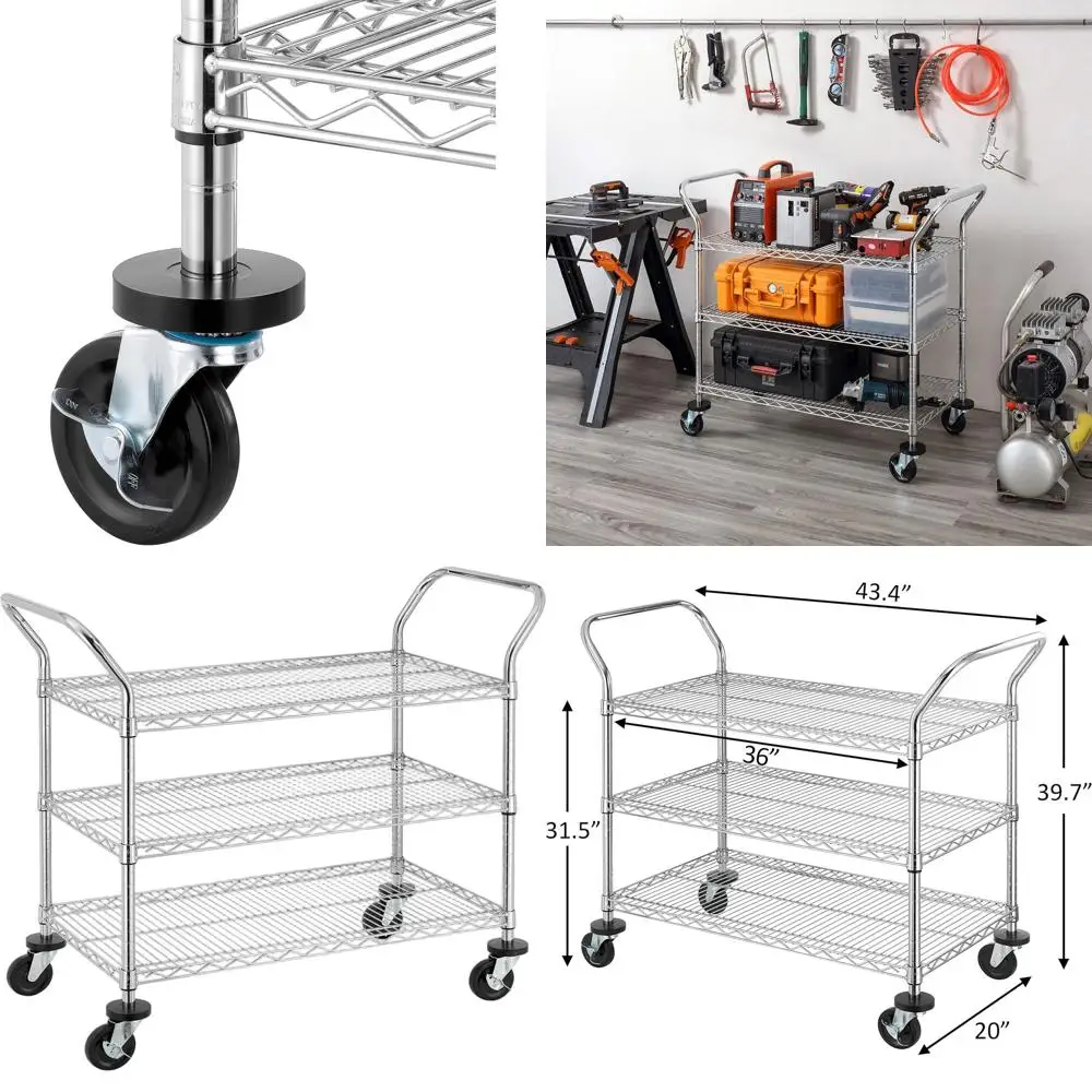 

Металлическая тележка-стеллаж для тяжелых условий эксплуатации, 3 полки, грузоподъемность 227 кг, полки 50x90 см, сертифицирована NSF