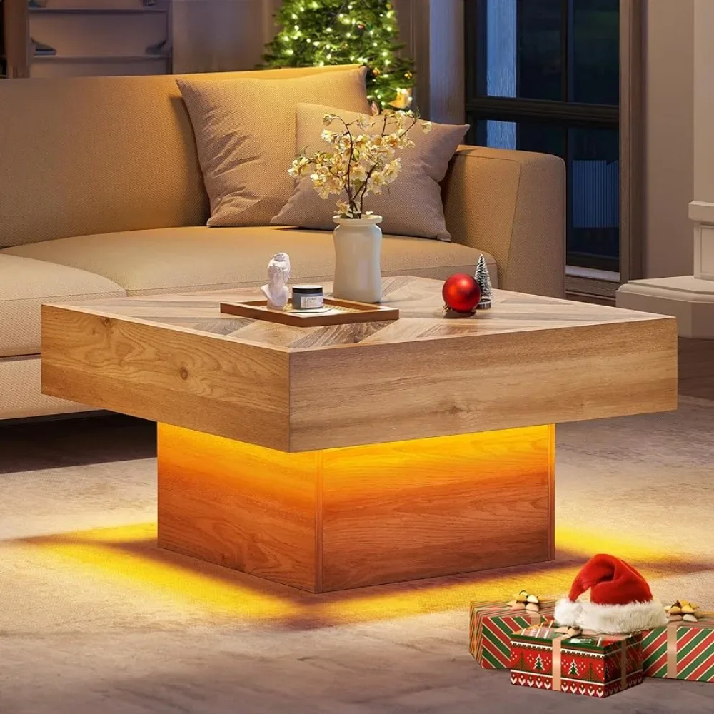 Mesa de centro de granja para sala de estar, mesa de centro cuadrada de madera LED con mesa de almacenamiento con 2 cajones, marrón