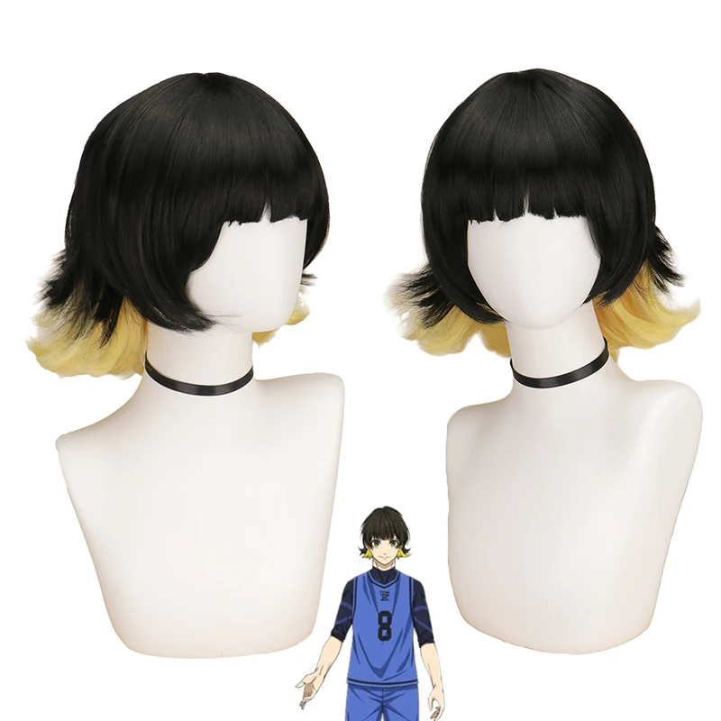 Anime Blue Lock Bachira Meguru Cosplay Wig Black Yellow Hair Bowl Cut Team Z No.8 Football Player Bob Halloween Accessory Men