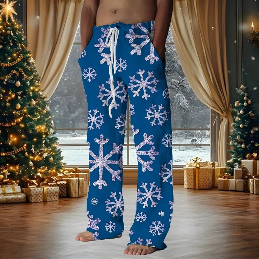2025 Pantaloni da uomo con fiocco di neve di Natale Pantaloni con coulisse in vita elastica Pantaloni casual a gamba dritta per feste di Natale