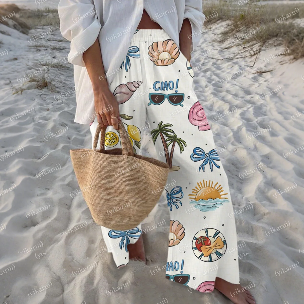 Creative Crayfish Bottom Pattern Summer Casual Pants Loose Sports Wide Leg Pants Fashion Ocean Elements Casual Pants Straight