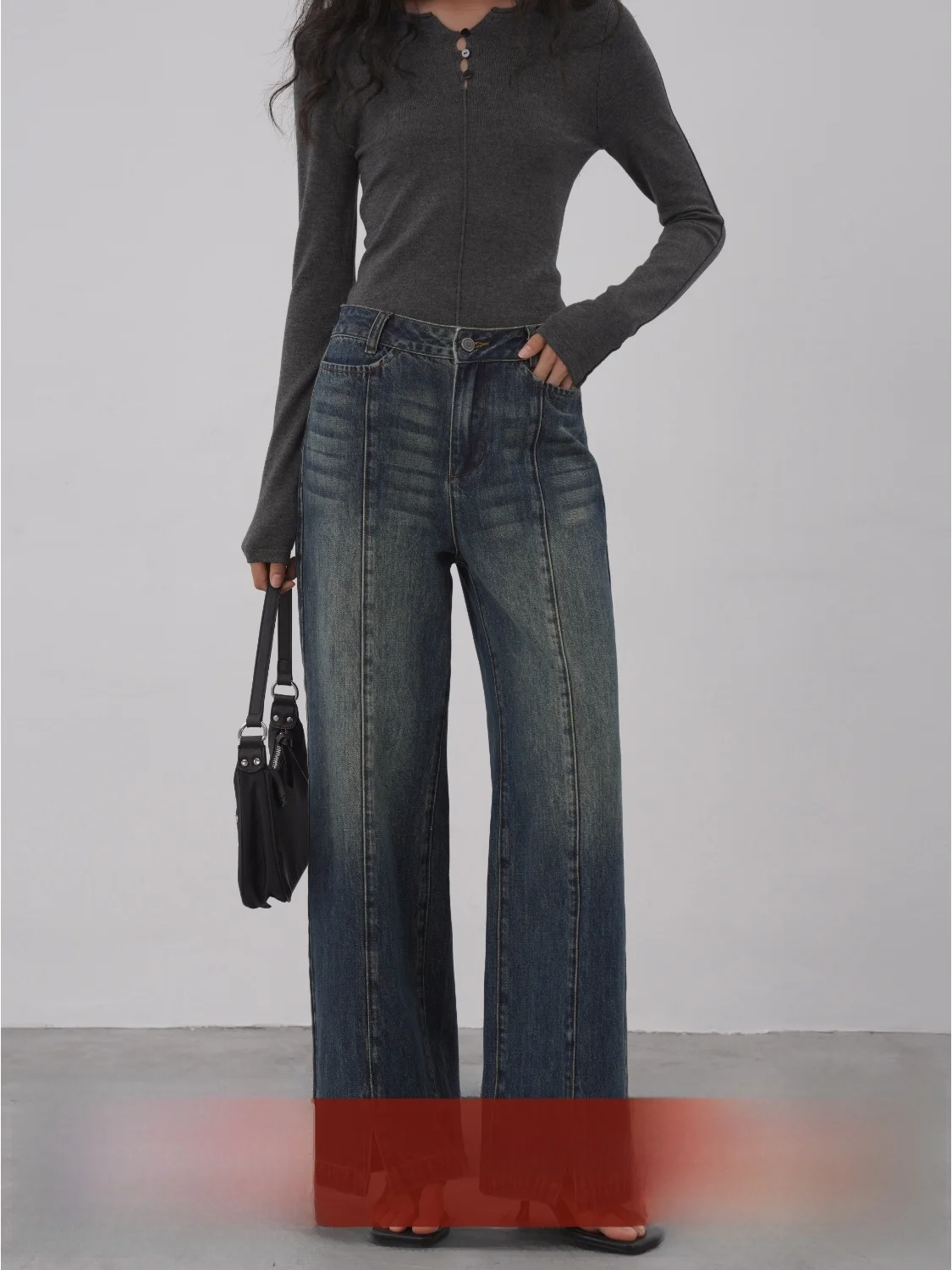 

EIGHTHMONTH Свободные прямые синие джинсы с высокой талией и драпировкой, женские широкие джинсовые брюки, высокая эластичность для поездок на работу