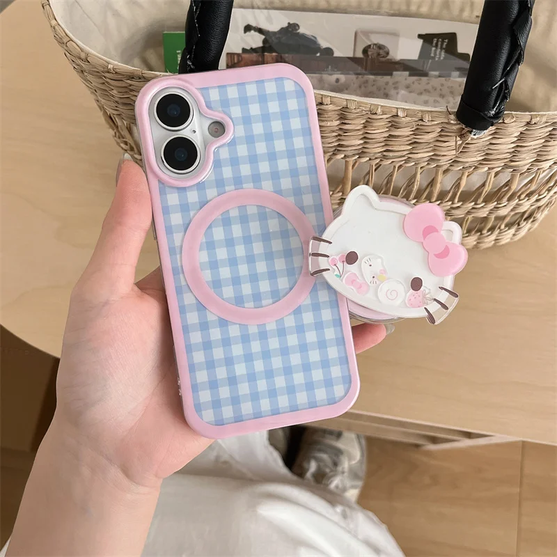 لطيف الوردي الأزرق شعرية Magsafe حافظة شحن لاسلكية آيفون 16 15 14 13 برو ماكس مضحك الكرتون كيتي القط هزة حامل مغناطيسي
