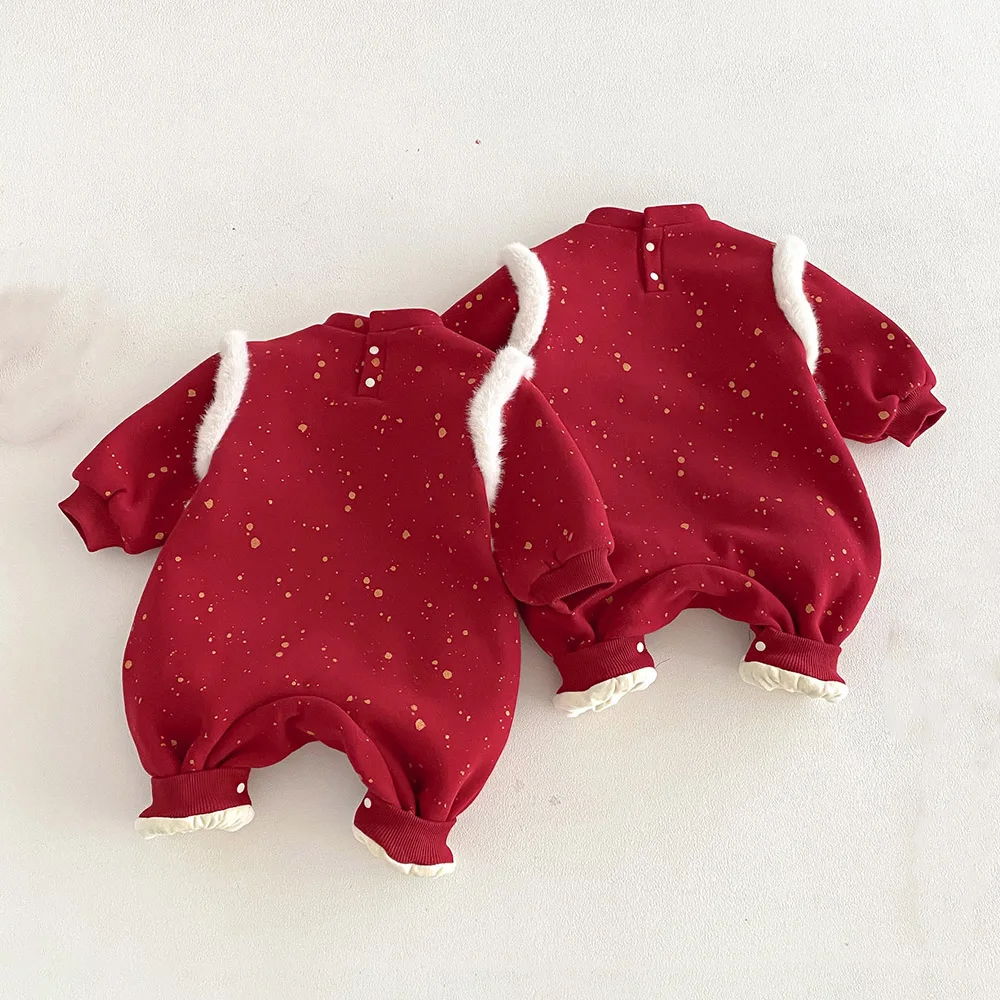 Christmas Boutique Baby Boy Clothes Fleece Winter Embrodiery Chinese Traditional New Year Baby Girl Romper Red Infant Jumpsuit