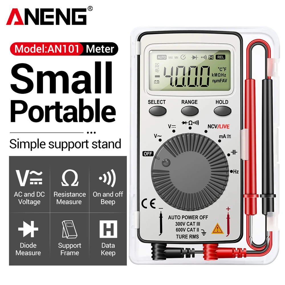 Multímetro Digital Mini ANENG AN101, Testador Portátil Inteligente Profissional para Tensão AC/DC, Ferramentas de Reparo para Eletricistas