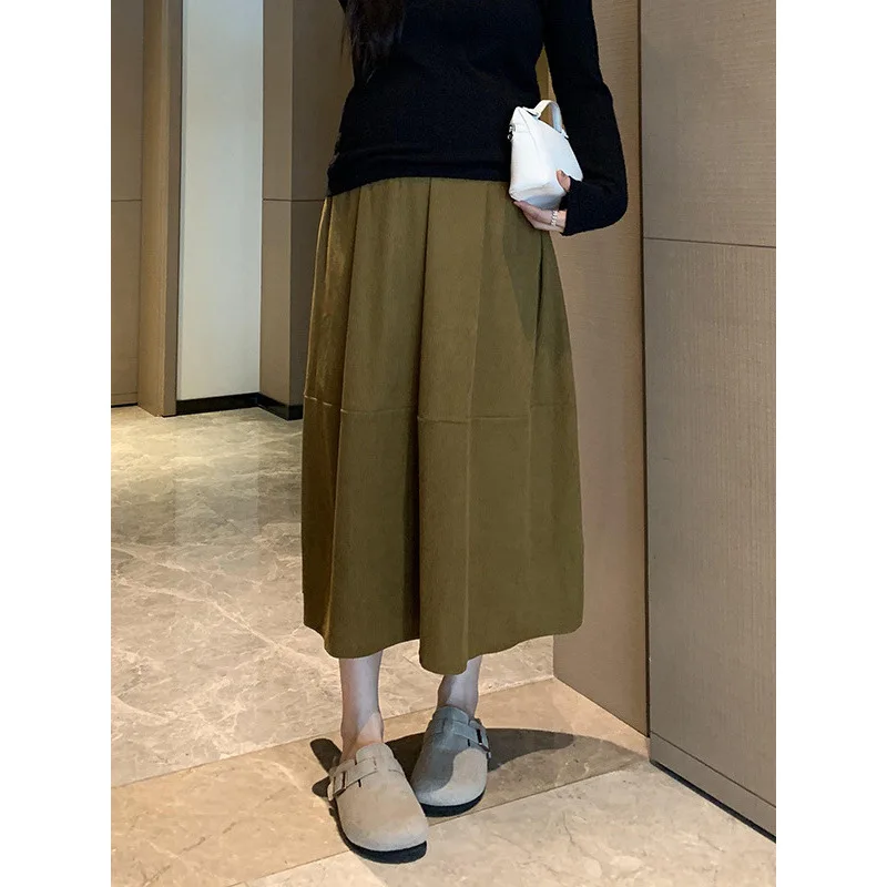 Versatile Spring Autumn Corduroy Midi Skirt Maternity Slimming Umbrella Skirt Retro A-Line  Skirt Casual Style Maxi Skirt
