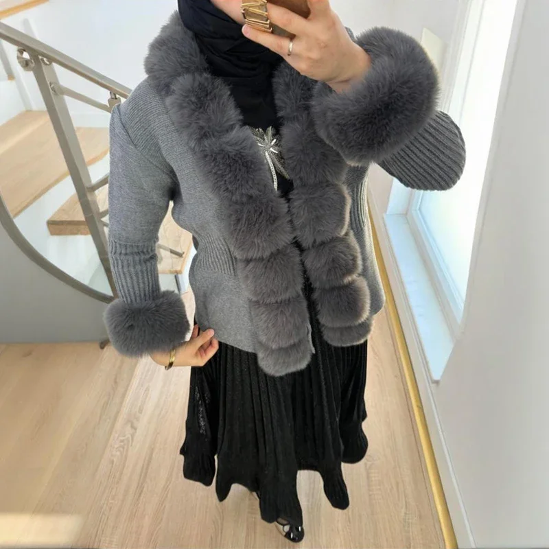 

Women's Faux Fox Fur Sweater Cardigan Fashion Luxurious Furry Splice Long Sleeve Knitted Coat Female LAce Up Outwear