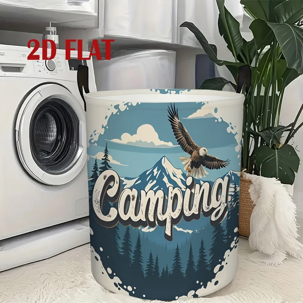Laundry Basket with Camping Logo and Mountain Eagle Pattern Round Polyester Fabric Laundry Hamper Featuring Outdoor