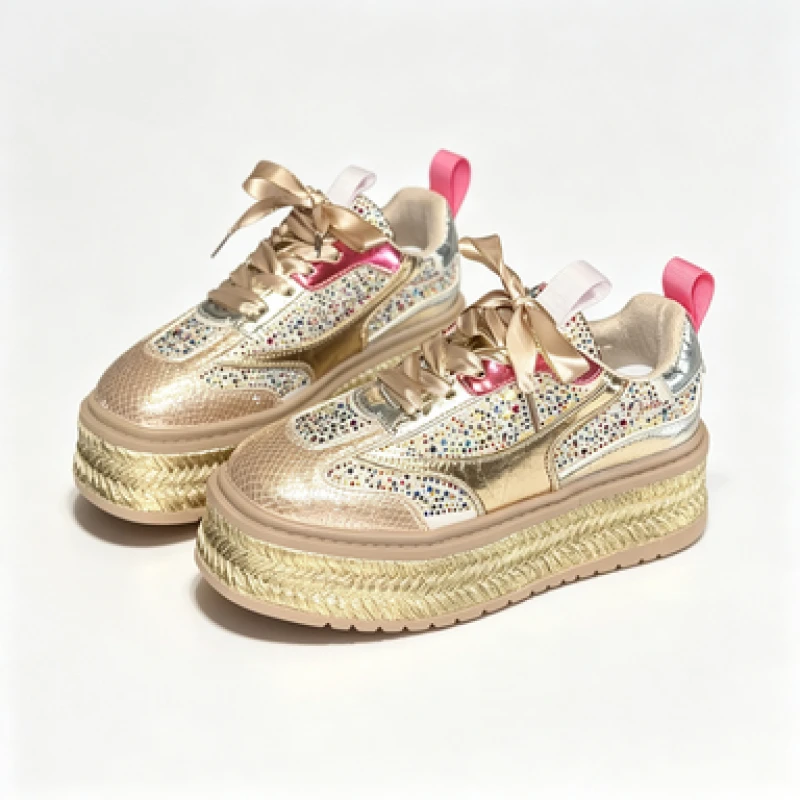 Women Glitter Rhinestone Platform Sneakers Ribbon Lace Holographic Upper Thick Sole Espadrille Style Casual Party Shoes Luxury S