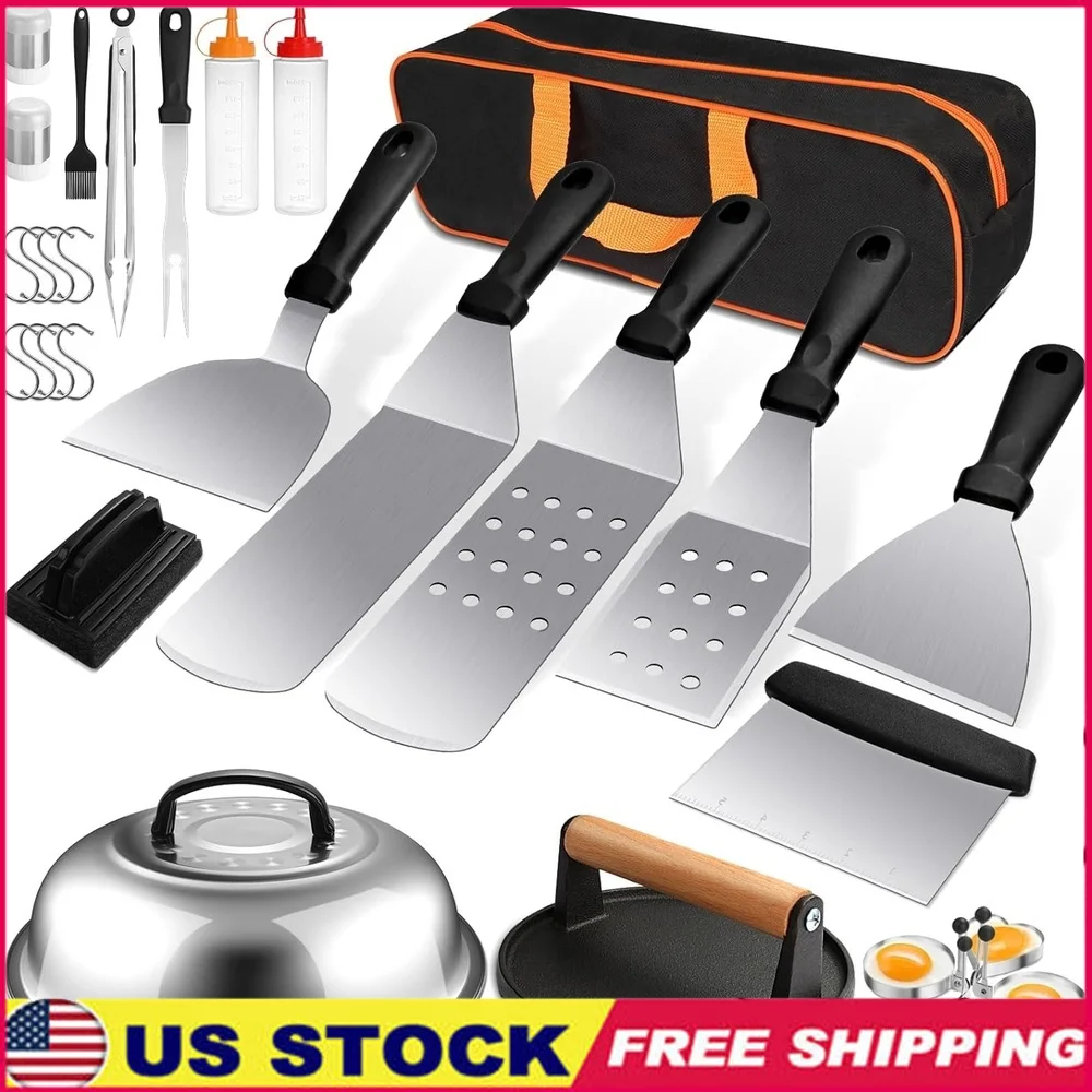

29 PCS Griddle Accessories Kit Heavy Duty Grill Tools Set with Burger Press Spatulas Tongs Basting Cover Cleaning Brush Carry