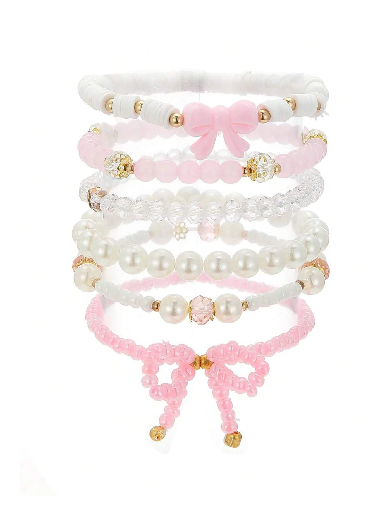 6Pcs/set Sweet Princess Pink Bowknot Pearl Crystal Beads Elastic Bracelets for Girls Birthday Party Costume Jewelry Gift