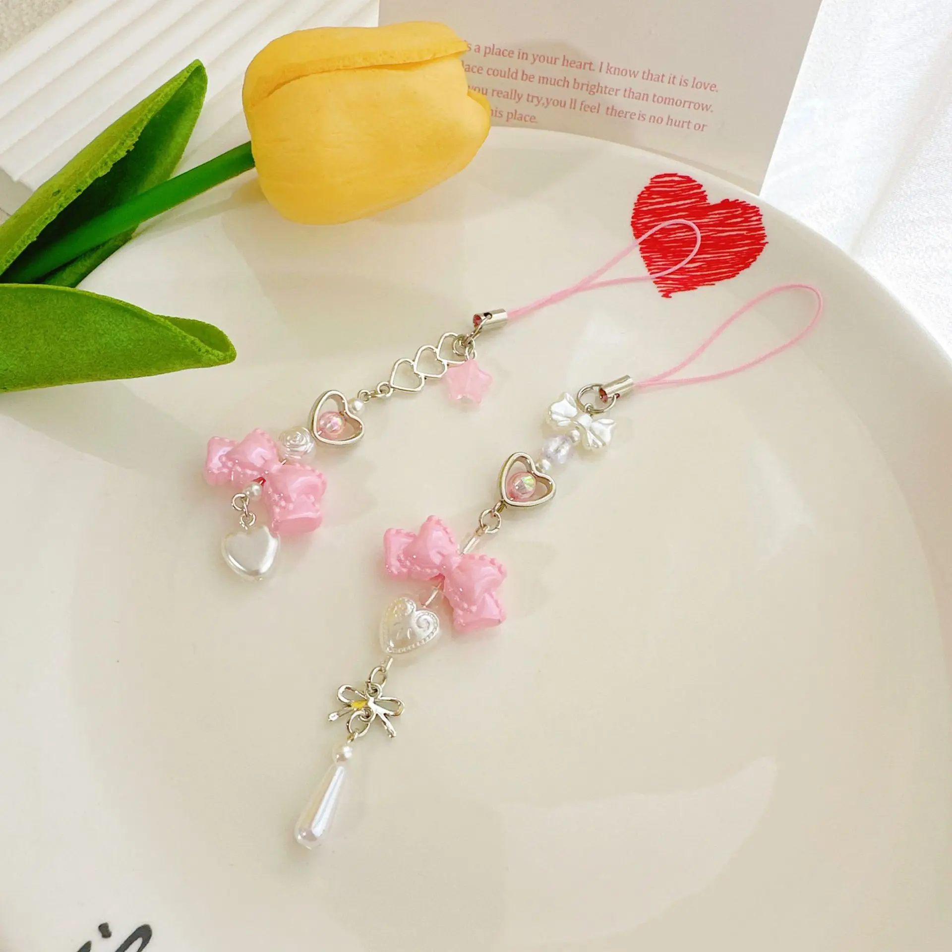 Pink Princess Bow Heart Keychain, Phone Charm