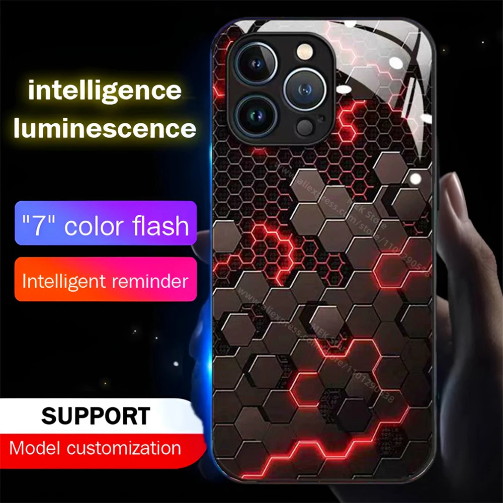 

Punk Honeycomb Design Sound Music Control Led Light Phone Case Glowing Cover For iPhone 16 15 14 13 12 11 Pro Max X XR Plus