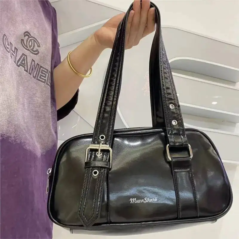 

Bloom Black Shoulder Bags Women New High Street Pu Leather Casual Y2k Handbag Female Vintage Square Underarm Bag Purse