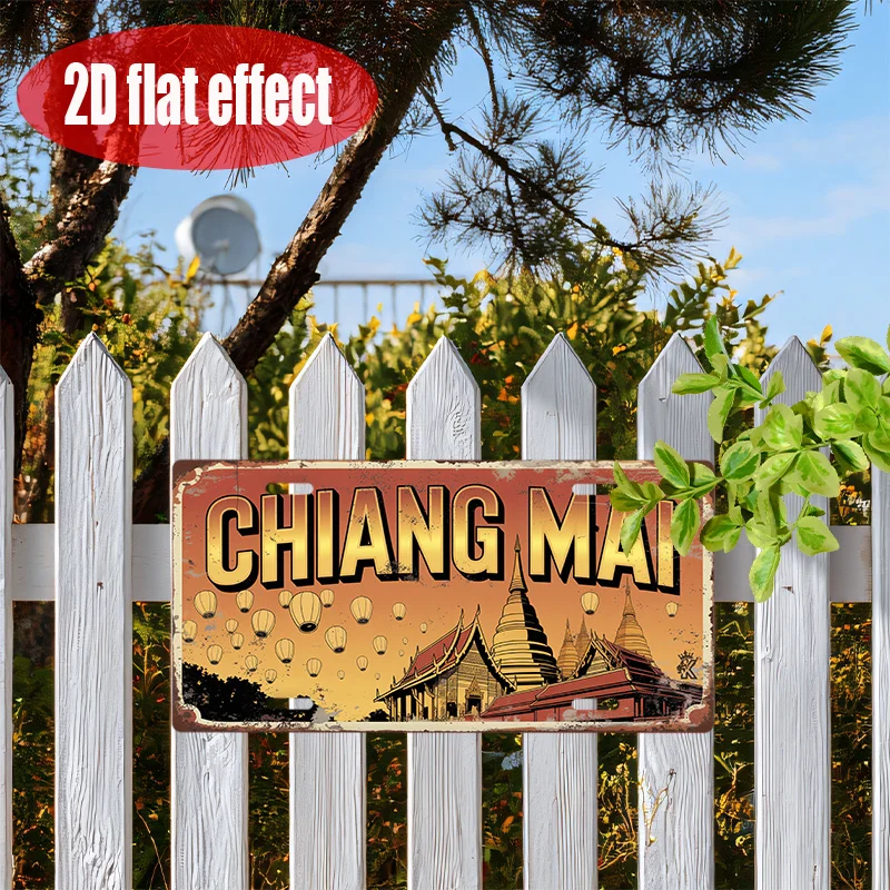 Chiang Mai Thailand Hot Air Balloon Temple 2D Flat Effect License Plate Style Metal Tin Sign, Thai Travel Themed Decorative Alum