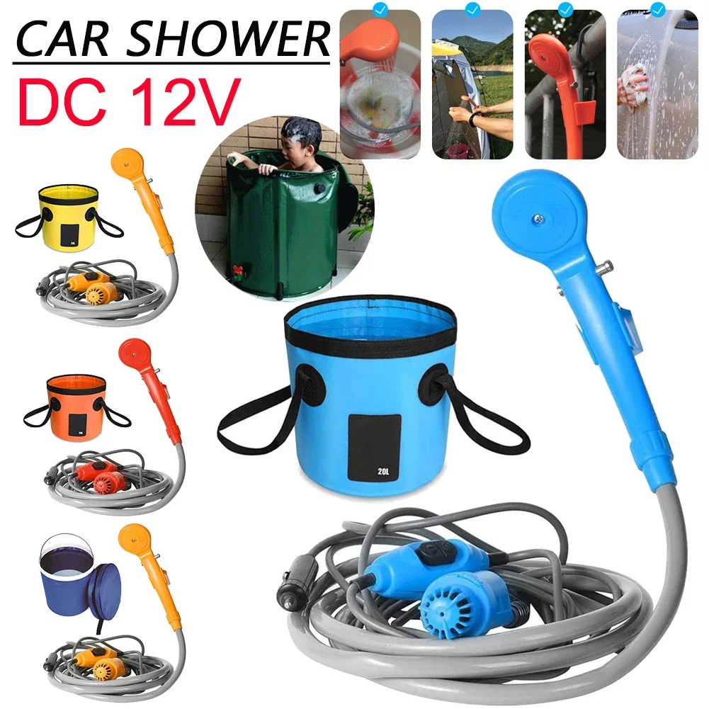 Camping Shower with 20L Water Bucket 12V Pump Hiking Travel Outdoor Electric Bath Show Plant Watering Car Washer Pet Cleaning