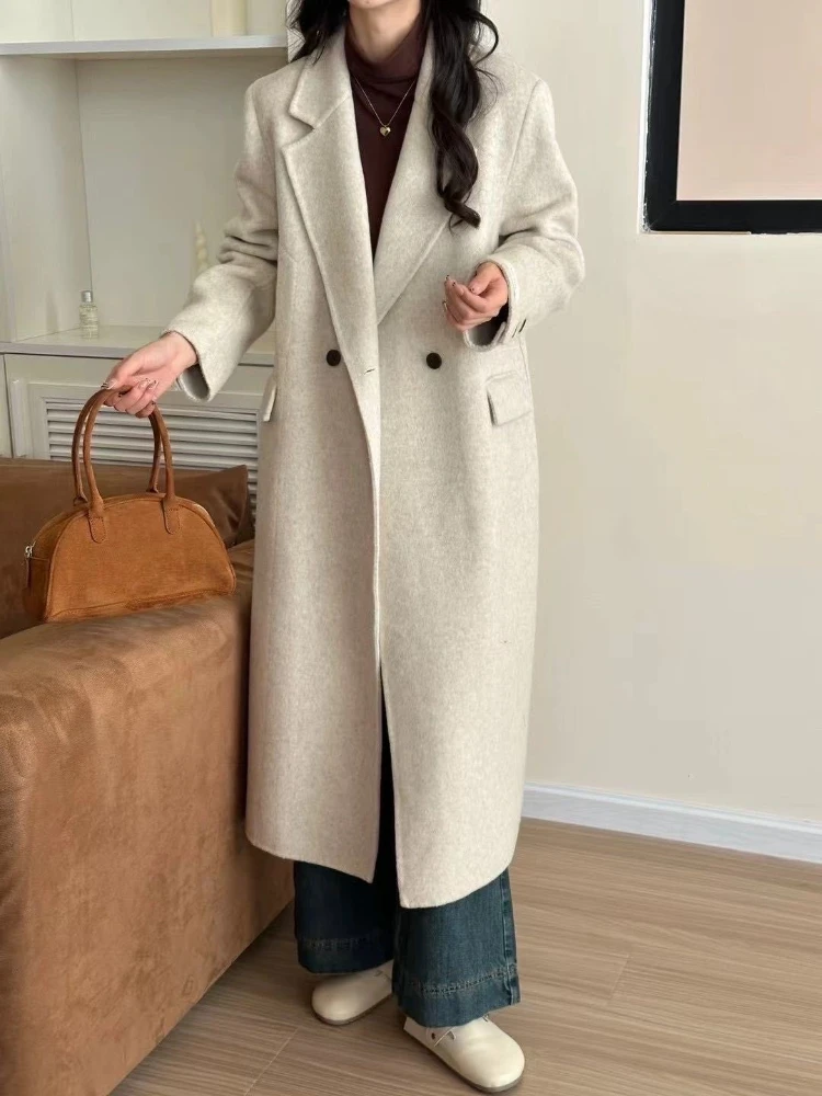معطف صوف نسائي على الوجهين معطف شتوي أنيق مكتب بياقة متوسطة الطول سترات 2025 جديد بسيط OL معطف صوفي سميك دافئ #6