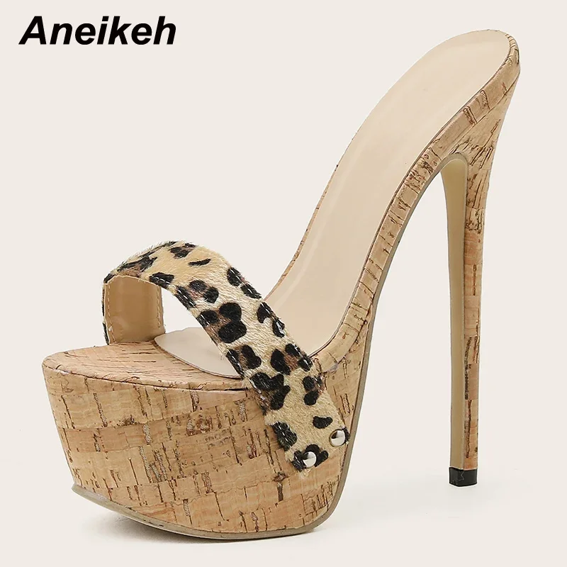 Aneikeh Sexy Leopard Platform Sandals High Heels 2024 Summer Slippers Mules Ladies Fashion Peep Toe Slip On Club Shoes Sliders