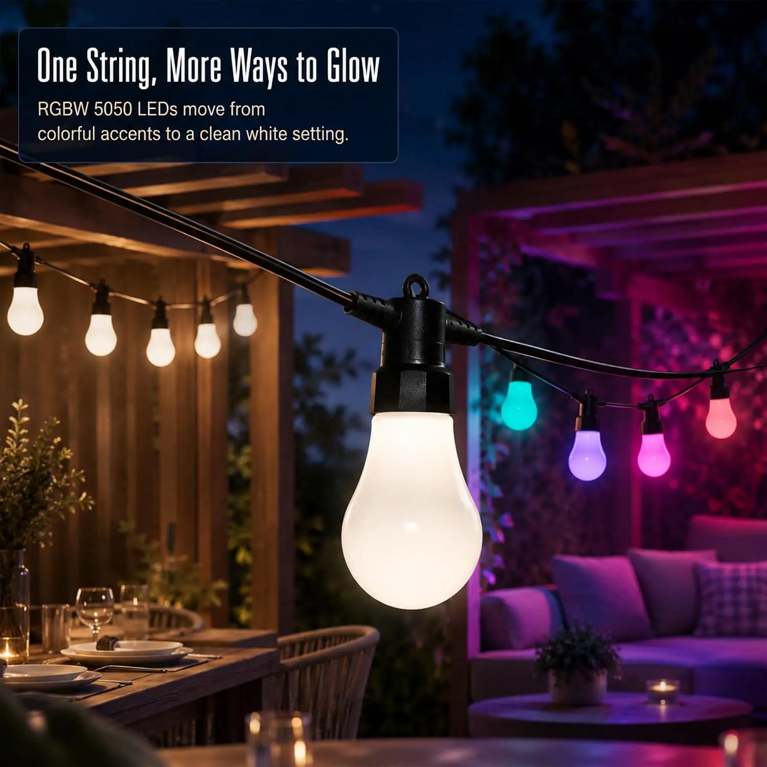 100FT Smart RGBW Color Changing Outdoor String Lights, Dimmable Patio LED Lights with Remote & App Control, IP65 Decor