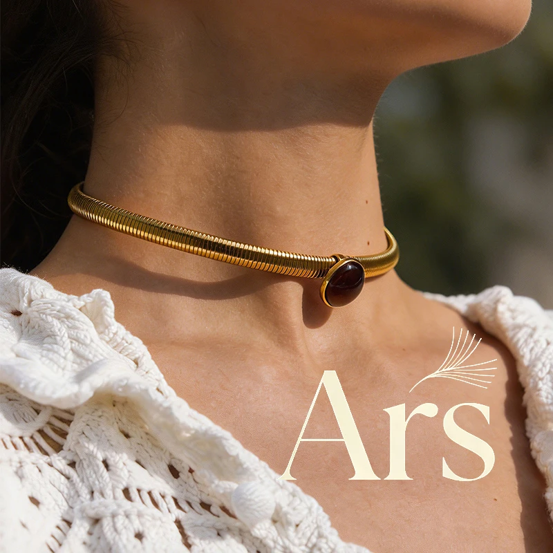 Ars 18k Gold Plated Thick Collar Necklace Stainless Steel Chunky Choker Necklace Women's Waterproof Oval Resin Pendant Necklaces