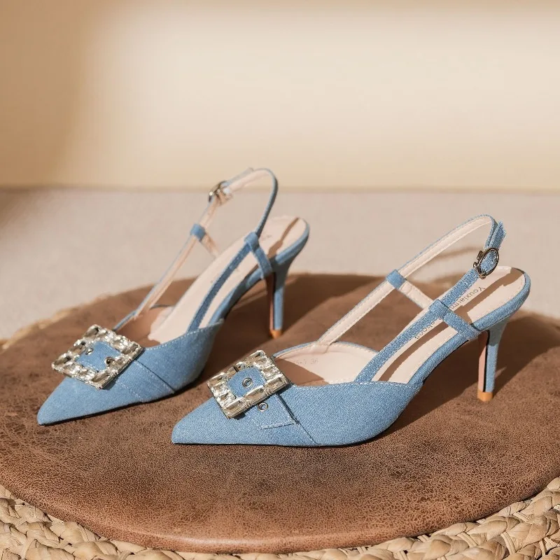 

7.5cm Denim Blue High-heeled Women's Sandals Fashion Stiletto High Heels Temperament Woman Shoes Pointed Women's Pumps and Heels