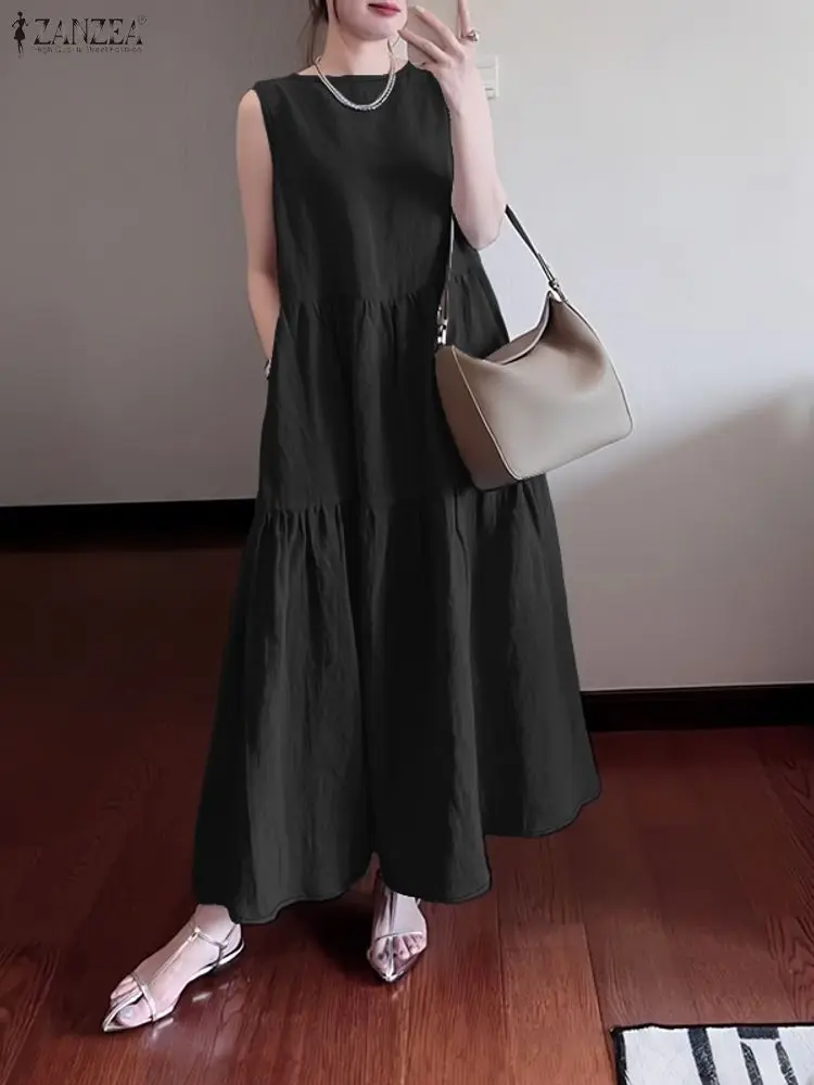 Stylowe sukienki damskie 2025 ZANZEA letnia sukienka w kształcie litery A, luźna, elegancka, bez rękawów, jednolita sukienka do pracy, codzienna sukienka z falbankami, sukienka na wakacje.