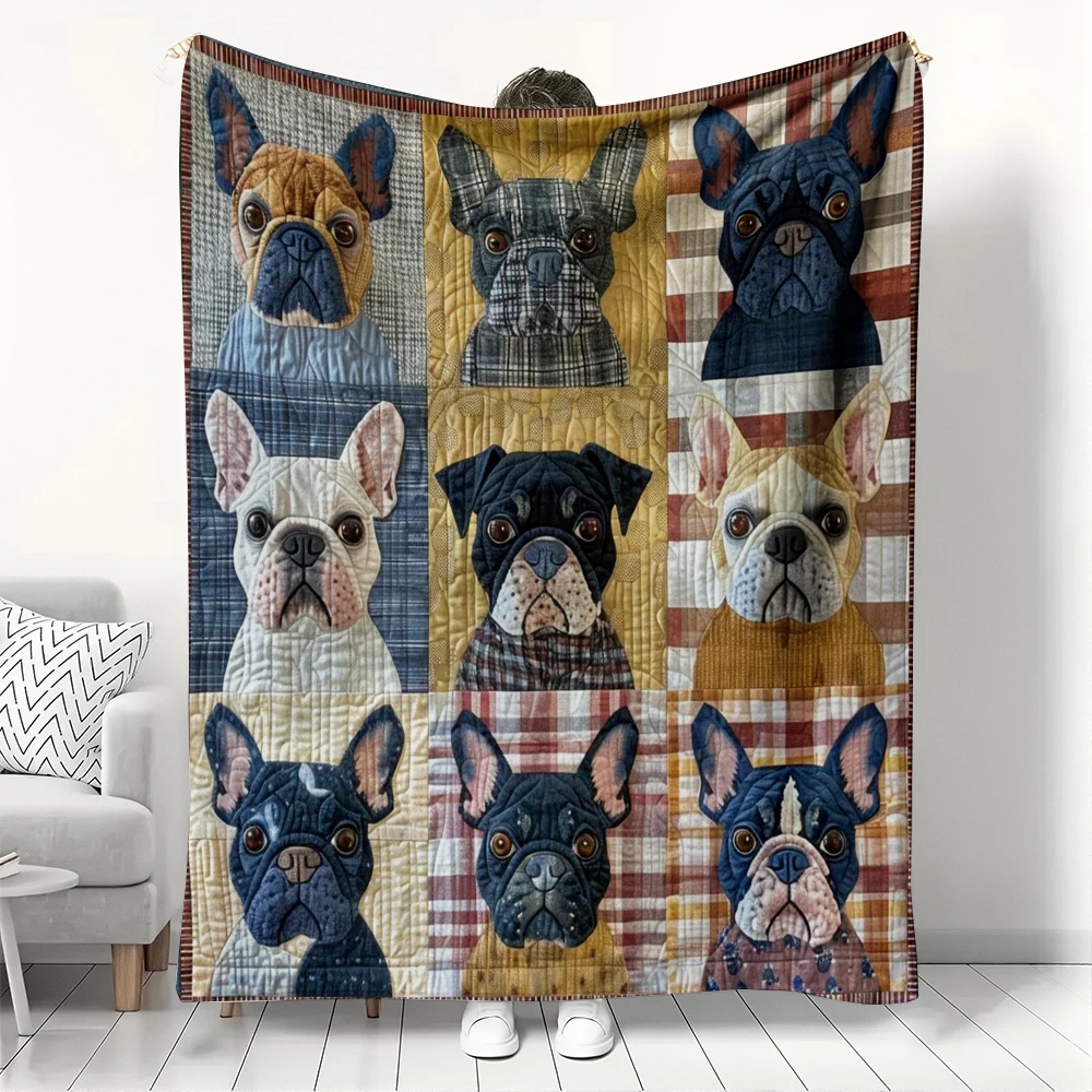 

Французский бульдог, лоскутное клетчатое флисовое одеяло, стеганое одеяло с портретом собаки для любителей бульдога, домашний декор и тематический подарок для домашних животных