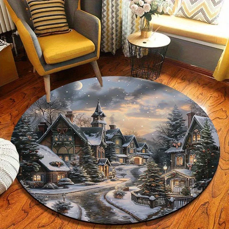 Gold Christmas Tree Round Rug Shiny Ornaments Gift Box Holiday Floor Area Carpet for Home Living Room Bedroom Floor Decor