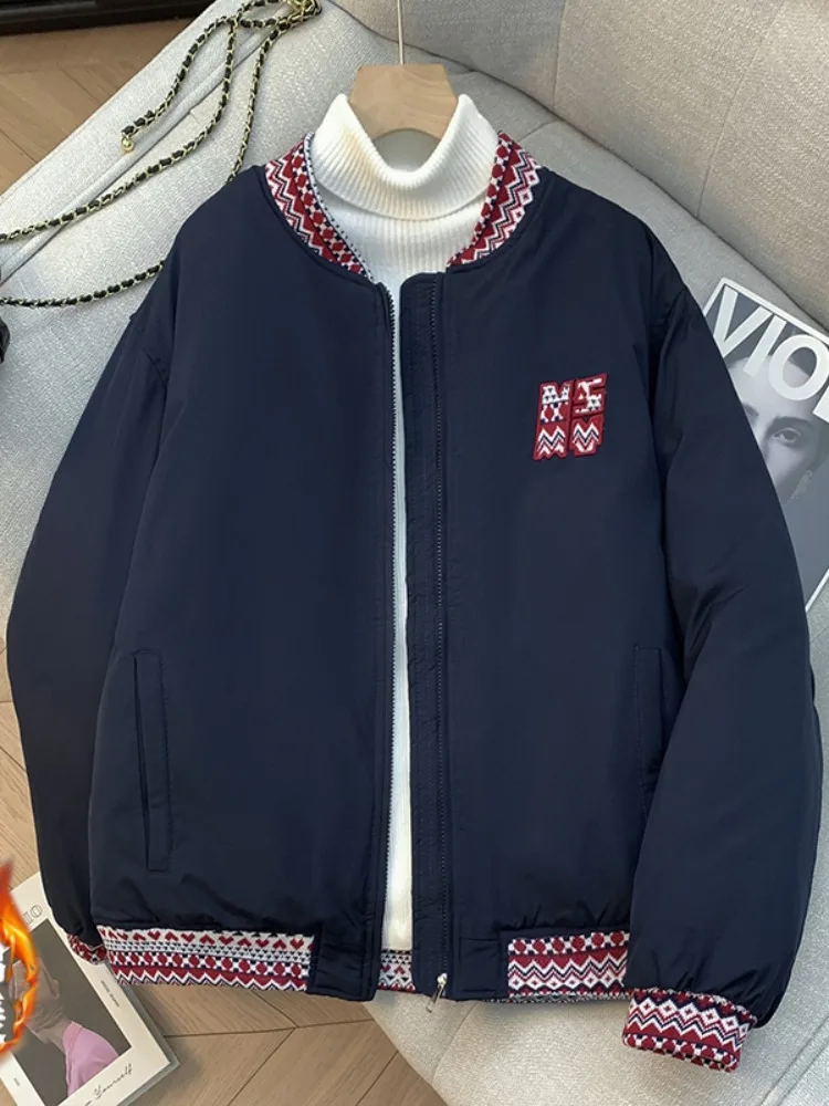 レトロアメリカンベースボールジャケットショート厚手コットンスタンドカラー女性の冬大きいサイズエスニックスタイル刺繍ジャケット