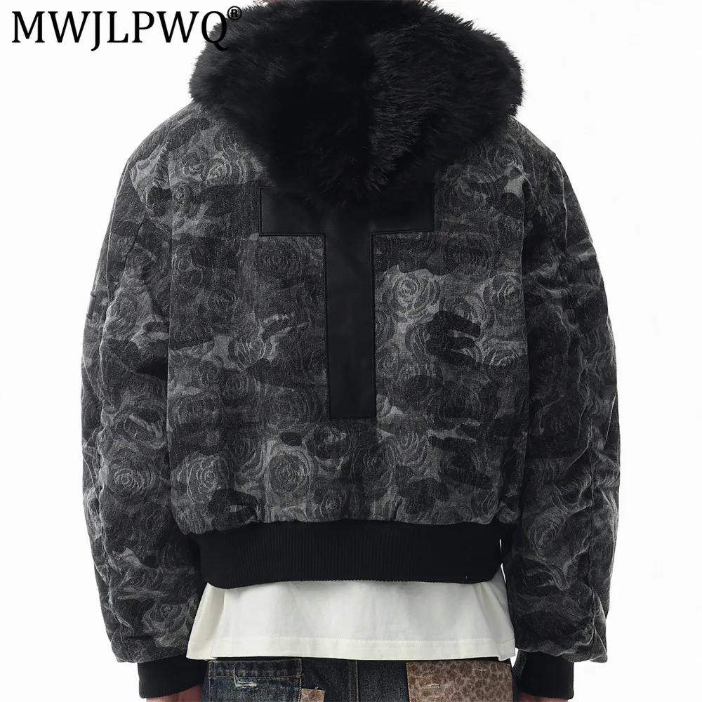 MWJLPWQ Men's Winter Punk Style Printed Cotton Jacket Faux Fur Collar Spliced Design Hooded Short Length Tops 2026 Trendy 21321