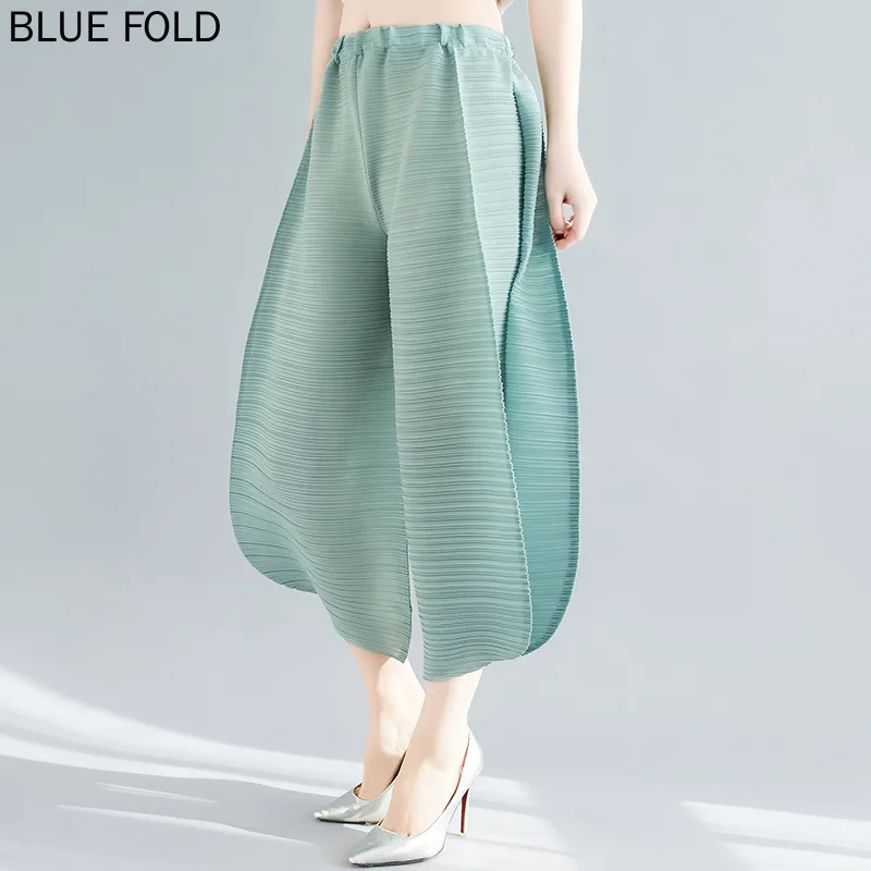 MIYAKE-Pleated Casual Harem Pants for Women, Loose, Natural Waist, Cropped Pants, Thin 3-Home Pleats, Simple Clothing