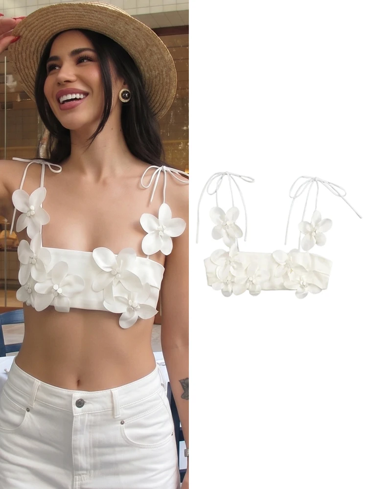 HH Damen 3D-Blumen Spaghetti-Träger Crop-Top Weißes Rückenfreies Ärmelloses Schnür-Top für Party Festival Mode Strand Oberteile