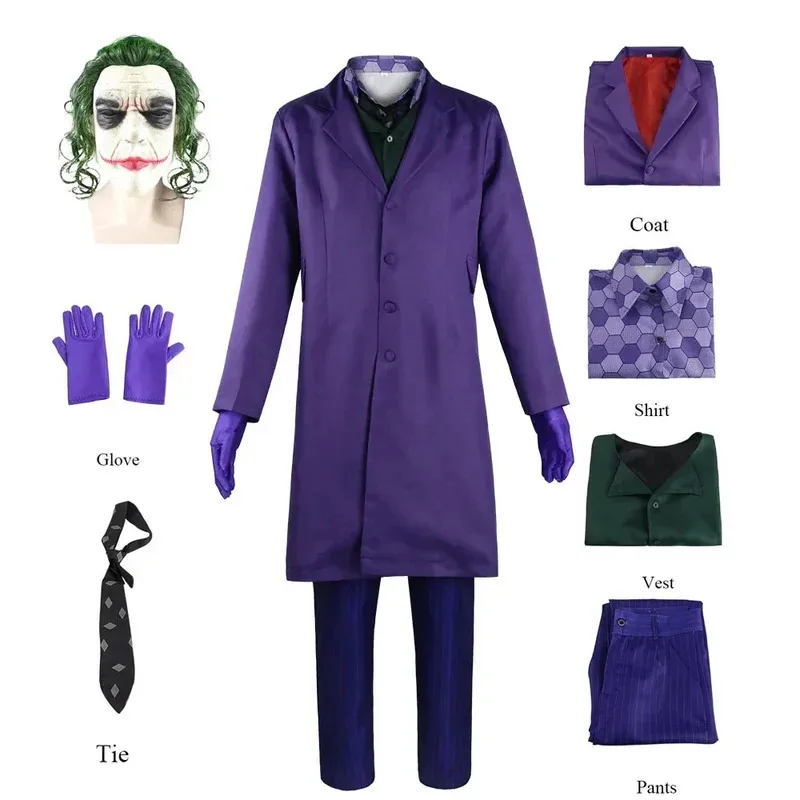 SS23Movie disfraz de caballero oscuro, disfraz de payaso Heath Ledger, uniforme morado, máscara de látex, conjunto completo para fiesta de Carnaval de Halloween para adultos