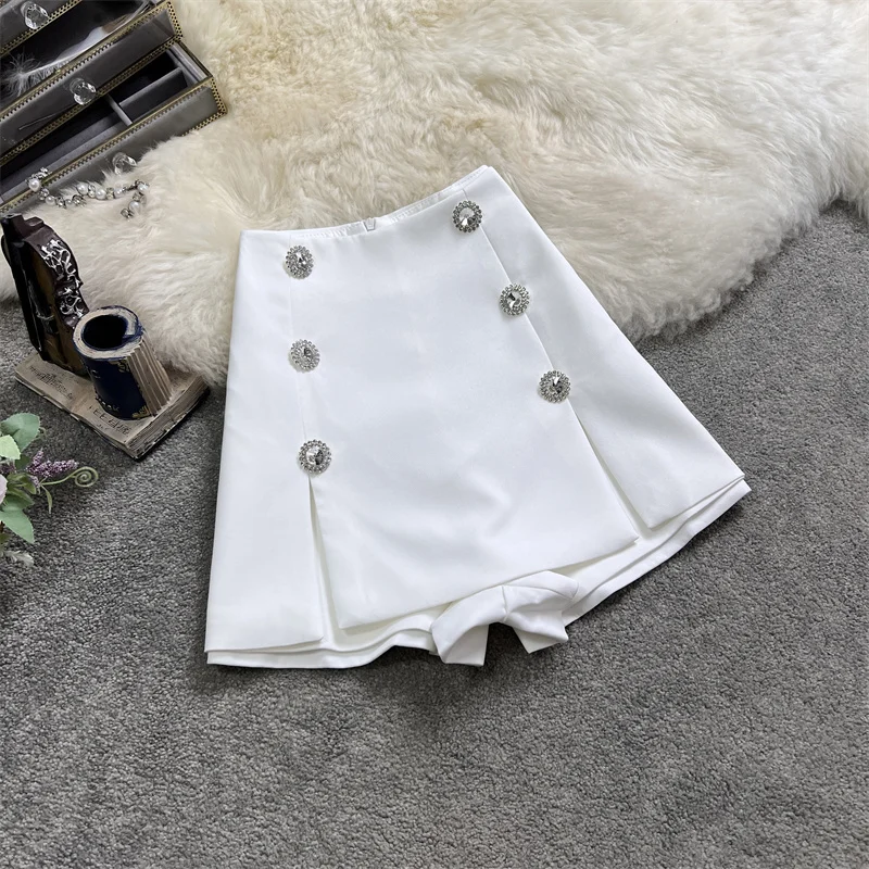 

Heavy Diamond Double-Breasted Suit Shorts Skirt Women 2022 New Summer Korean Casual High Waist Slimming A- Line Wide Leg Shorts