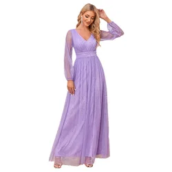 Elegant Shining Long Sleeves Double V-neck Formal Evening Wedding Guest Party Dress Purple